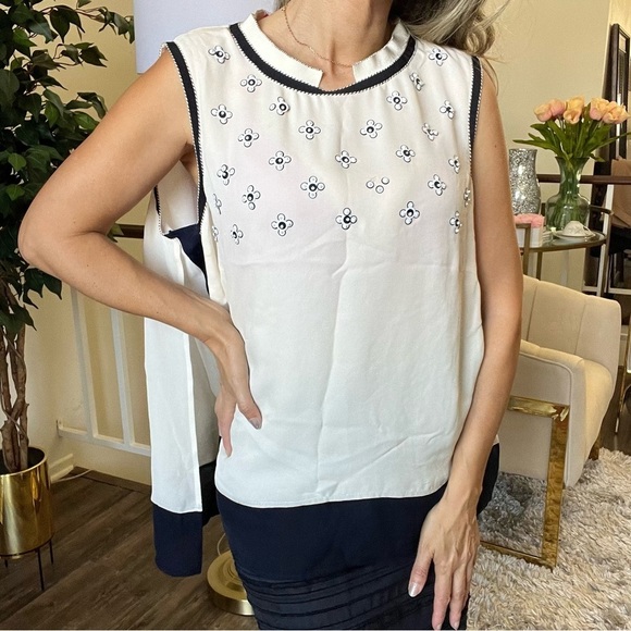 Rena Lange Fashion Show Vintage Silk Cream Blue Sleeveless Floral Embroidered XL - Picture 6 of 17